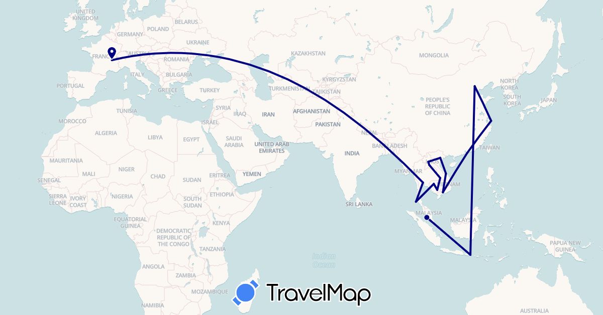 TravelMap itinerary: driving in China, France, Hong Kong, Indonesia, Cambodia, Laos, Malaysia, Thailand, Vietnam (Asia, Europe)